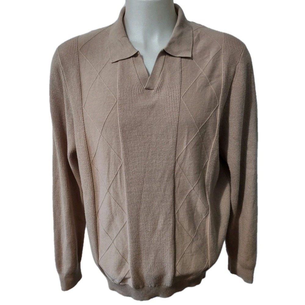 Tahari Sweater‎ Men's Size XL Knit Pullover Collared  Long Sleeve Knit Tan  Soft